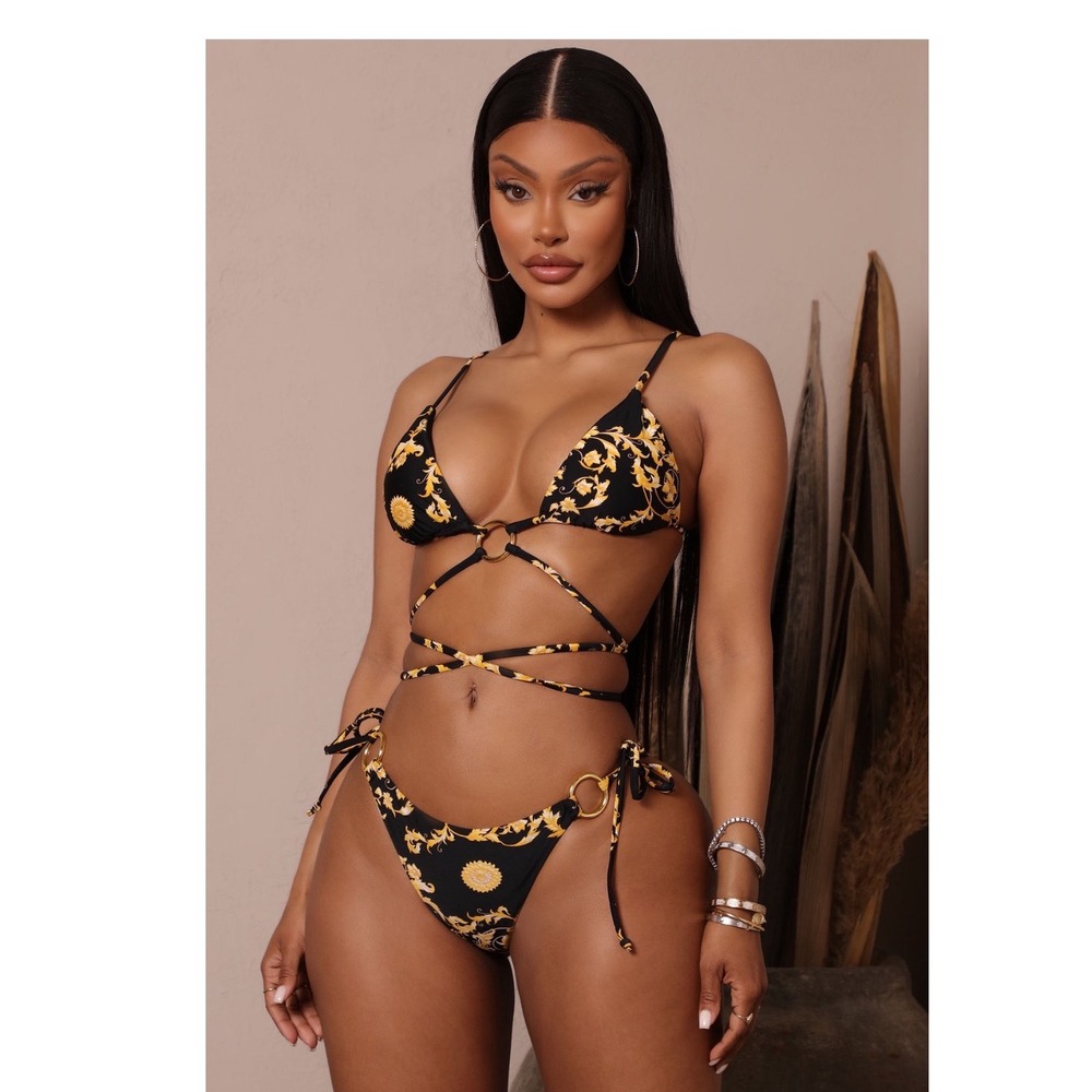 Black Gold Baroque Print Bikini Set Strappy Wrap Tie Two Piece‎ Swim NWT